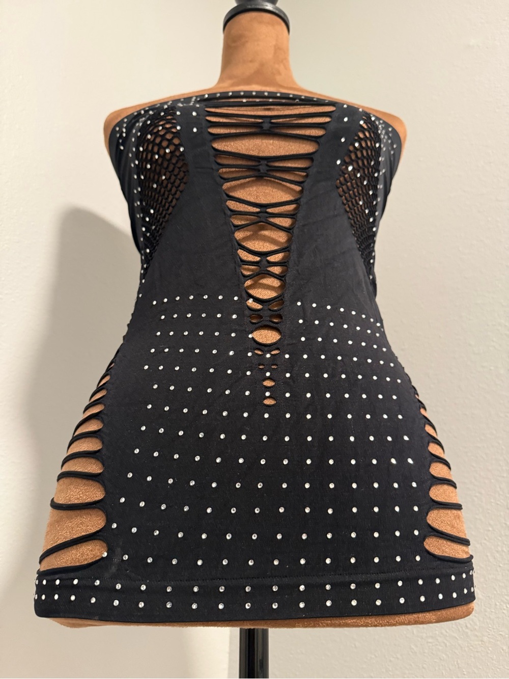 Women’s Black Rhinestone Strapless Cutout Bodycon Mini Dress Size Small - Picture 6 of 7